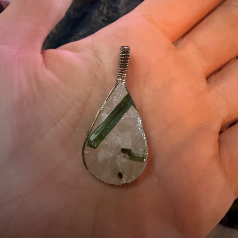 Vintage Tourmaline & Quartz Teardrop Hand-wrapped Pendant